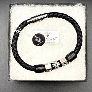 Blackjack BJB180 Mens Leather Stainless Steel Bracelet w/ Black Cubic Zirconia